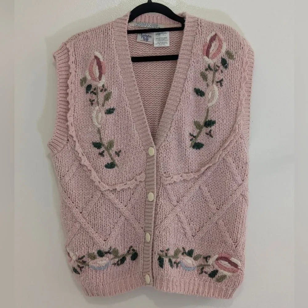 Vintage 90s Huntington Ridge Hand Knit Sweater Floral Embroidered Cottagecore Ca - Picture 2 of 6